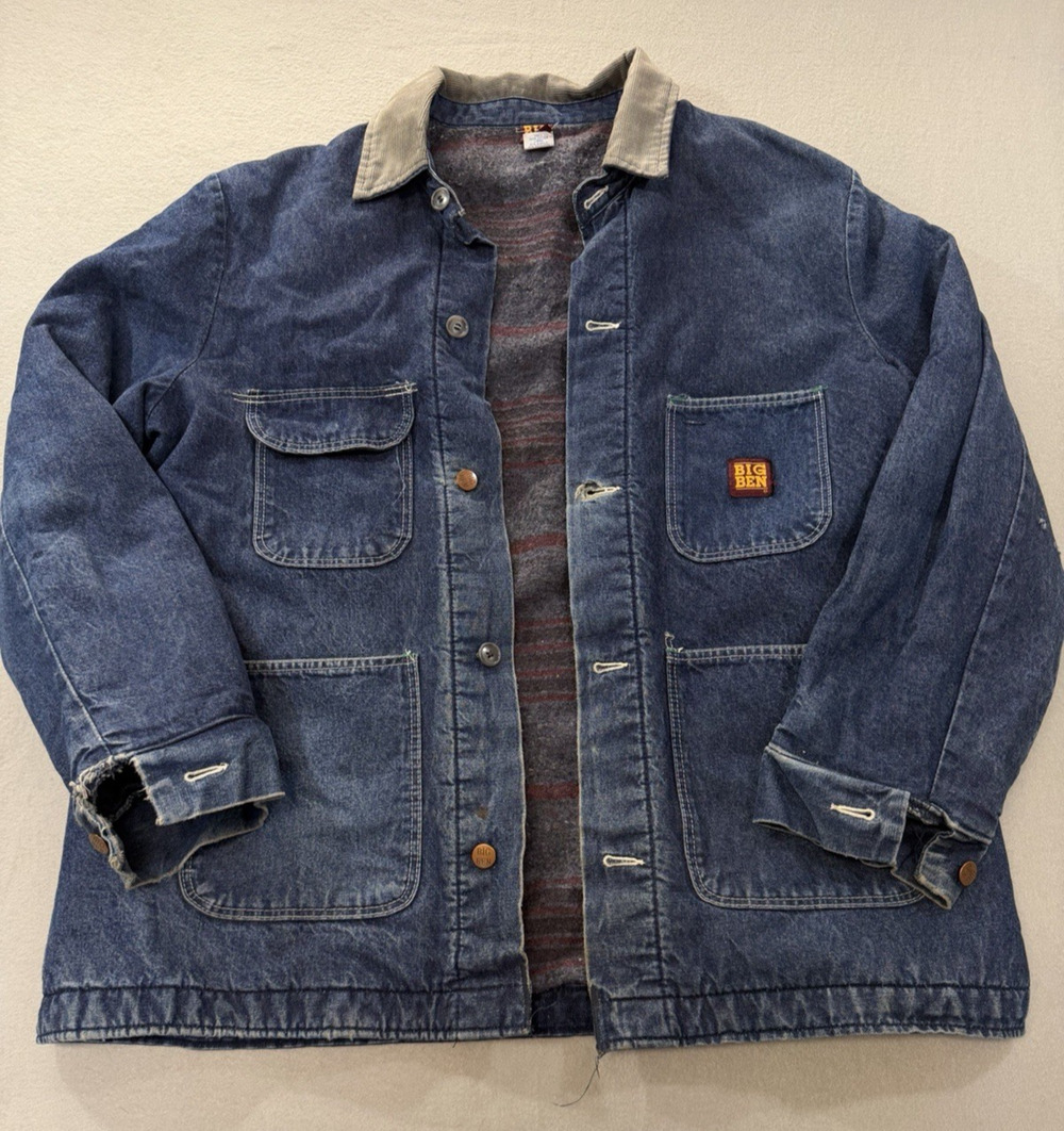 Vintage Big Ben Denim Chore Jacket 44R Destroyed Blanket Lined Workwear Barn USA